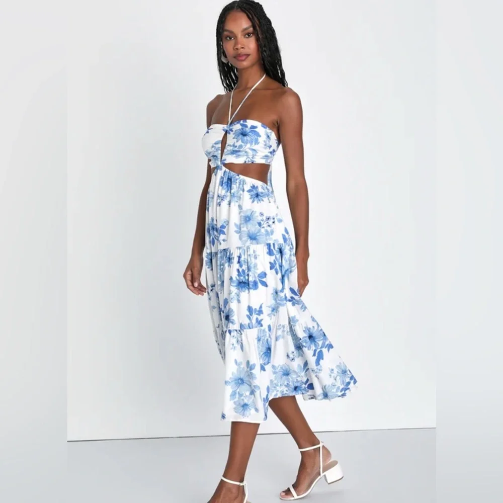 Lulus Summery Successes White Floral Halter Tie-Back Midi Dress size XS - Picture 2 of 7